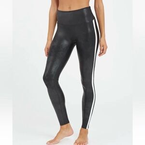 SPANX black faux leather white side stripe leggings women’s size medium